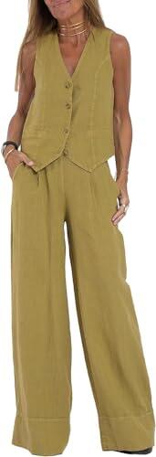 Conjunto de 2 piezas para mujer, cuello en V, sin mangas, chaleco con botones, pantalones de pierna ancha, traje blazer de verano de lino a juego, verde, XL