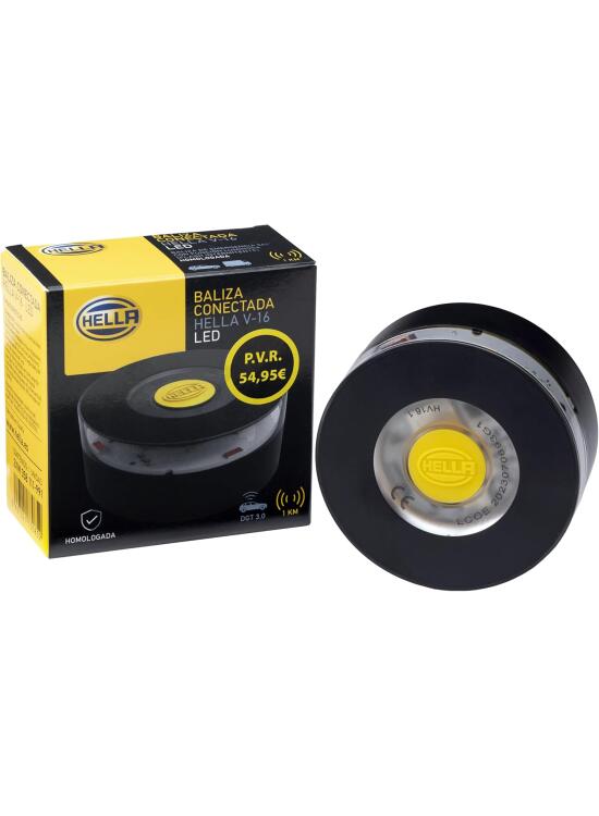 HELLA - V-16 Luz de Emergencia V16 con Geolocalización, Exigible a Partir de 2026, Baliza Conectada con DGT 3.0, Señal V-16, Luz Luminosa para Coches, Aviso de Ubicación