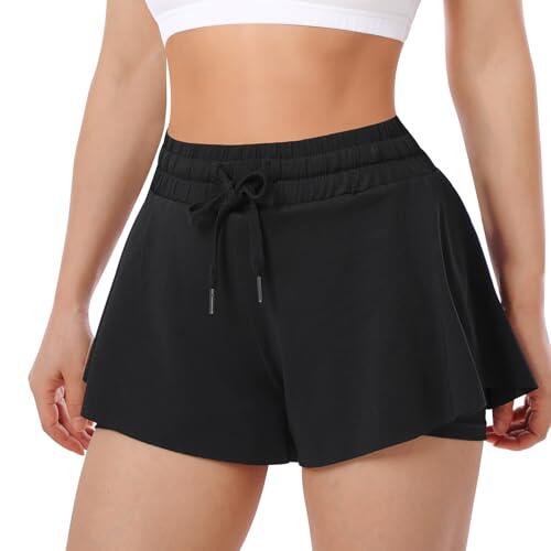 ThreeH Mujer Fluido Yoga Shorts 2 en 1 Elastano Rápido Dry Deportes Fitness Correr Pantalones Cortos Verano, Negro