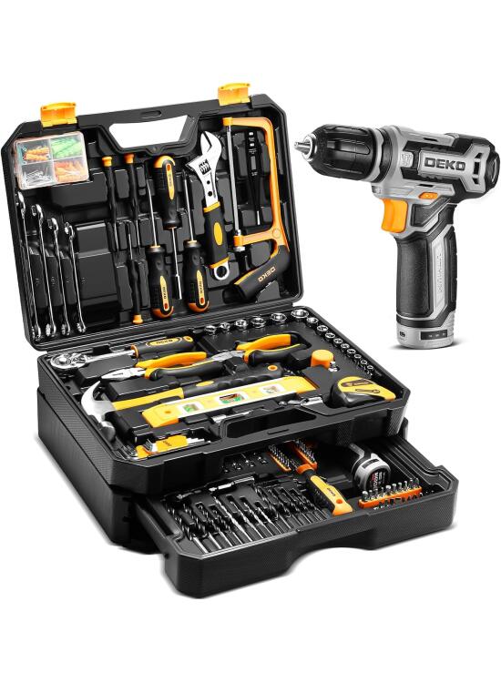 DEKO Caja Herramientas Completa Eléctricas 238 Piezas con 12V Taladro Eléctrico sin Cuerda, 10 mm Chuck sin Llave, Caja profesional de herramientas Domésticas de Bricolaje para Oficinas y Jardín