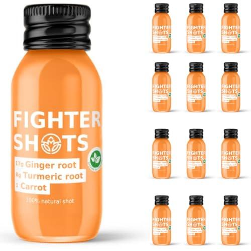 Fighter Shots Ginger Turmeric Shots (Vegan/12x60ml) | Fresh & Fiery Ginger Shots for Immune Support | Boosts Energy | 100% Natural/No Nasties | Rich in Antioxidants | Packed with Vitamin C