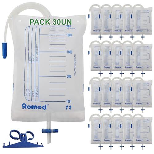 ROMED Bolsas de Orina 2 Litros Transparentes - Pack de 30 Unidades | Colector Urinario con Tubo Flexible de 90 cm y Válvula Anti-Reflujo | Diseñadas para Incontinencia en Hombre y Mujer