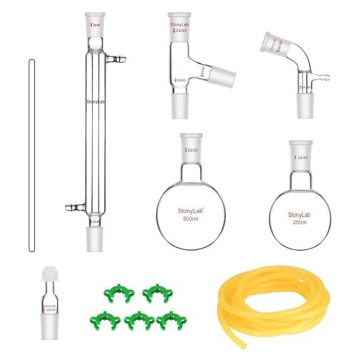 stonylab Aparato de Destilación de Vidrio, Kit de Destilación Simple con Junta 24/40 y Matraz de Reacción de 500 ml para Destilación a Presión Normal/Bajo Vacío, Kit de Cristalería de Laboratorio