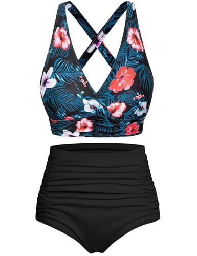 Voqeen Mujer Bikinis Reductor Barriga Cintura Alta Traje de Baño 2 Piezas Push Up con Relleno Conjuntos de Bikinis de Playa Bañadores de Natacion Cuello en V Bikini Top y Braga Ajustable
