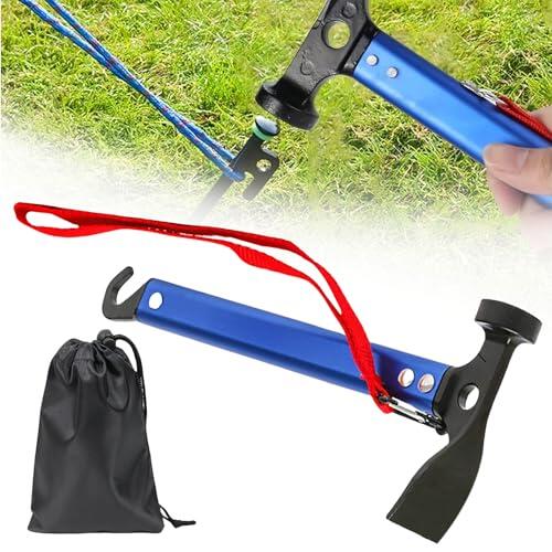 TOATELU Martillo de camping multifuncional de 30,5 cm con gancho y mini azada, aluminio, azul