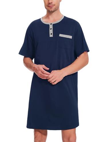Uniexcosm Camisa de Dormir para Hombre Pijama Hombre Manga Corta Camisón de Algodón Camisa para Dormir Ropa de Dormir Pijama Suave Transpirable Azul Marino L
