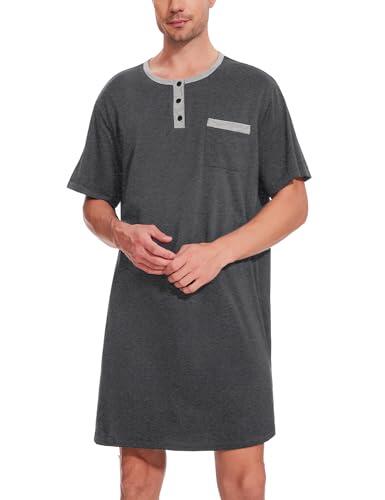 Uniexcosm Camisa de Dormir para Hombre Pijama Hombre Manga Corta Camisón de Algodón Camisa para Dormir Ropa de Dormir Pijama Suave Transpirable Gris Oscuro L