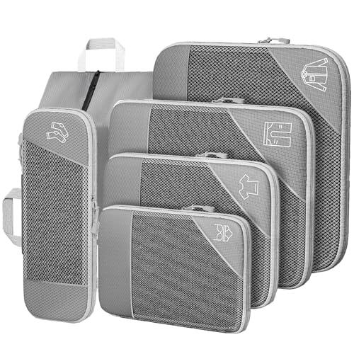 Organizador Maleta Bolsas Organizadoras Maleta, 6 Piezas Compression Packing Cubes, Gris Ultraligero Extensible Organizador Maleta Viaje para Guardar Ropa Mientras Viaja y en Casa