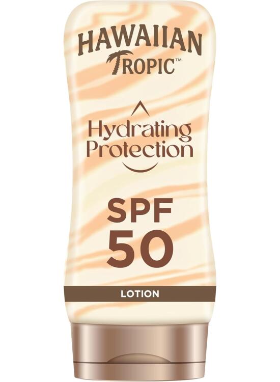 Hawaiian Tropic Hydrating Protection SPF 50 - Loción Solar Protectora con Cintas de Seda Hidratantes, Resistente al Agua hasta 12 Horas, Crema (Individual)