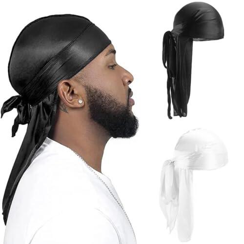 CISKHQR 2 Piezas Durag de Seda Gorro de Onda Elástico Envoltura de Cabeza con Cola Larga Correas Anchas Unisex Poliéster Turbante Sedoso Durag de Onda Transpirable Pirata Cap de Hombres Mujeres