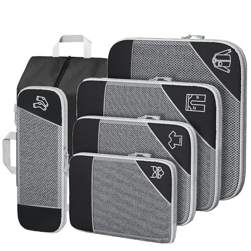 6 Piezas Organizador Maleta Bolsas Organizadoras Maleta, Negro Organizadores Maletas de Viaje, Ultraligero Extensible Compression Packing Cubes para Guardar Ropa Mientras Viaja y en Casa