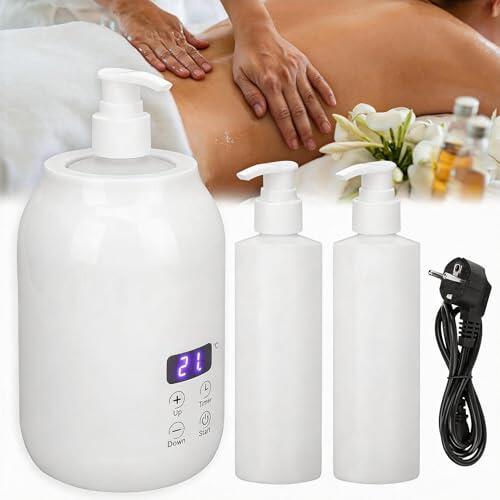 Calentador Aceite Masaje, Temperatura Ajustable 30-65 Grados Masaje de Bienestar Juego de Aceite de Masaje con 2 Botellas Internas de Plástico para Aceites Esenciales Masaje de Espalda