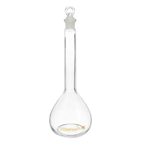 PATIKIL Matraz Volumétrico de 250 ml, Matraz Medidor Graduado de Vidrio Borosilicato 3.3 con Tapón de Vidrio, Tolerancia de 0.10 ml, Transparente