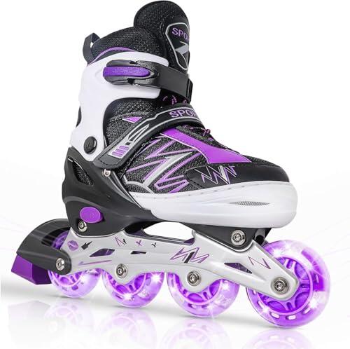 DUZSKJ Patines en línea Ajustables para niños y niñas con Ruedas de iluminación, Patines Ajustables para niños, para Principiantes, niños, Juegos al Aire Libre en Interiores (Negro & Violeta, M)