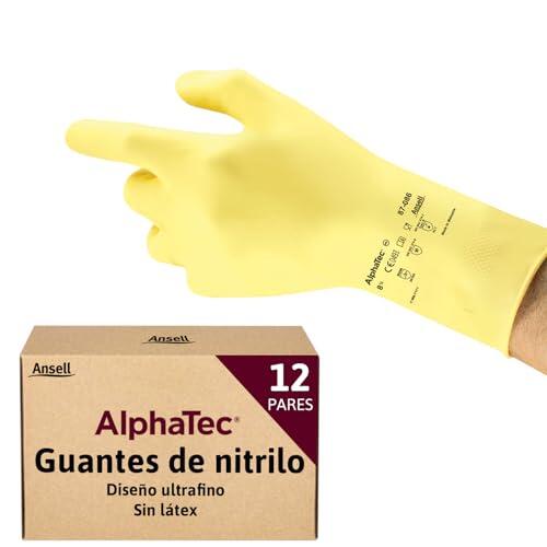 Ansell AlphaTec 87-086 Guantes Latex Impermeables, Guantes Trabajo Multiuso, Limpieza, Cocina, Químicos, Mecanico, Seguridad Hogar, Guantes Hombre Mujer, Reutilizable, Amarillo, Talla S (12 Pares)