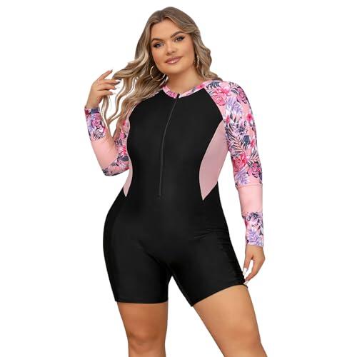 Odizli Traje de baño Mujer Talla Grande Manga corta/Sin Mangas Estampado Floral Corto Rashguard Traje de baño Traje de surf, Rosa., 3XL