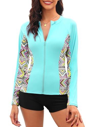 Tuopuda Camiseta de natación para Mujer Traje de baño de Manga Larga con Cremallera Camiseta de Surf Protección Solar Surf Rashguard Camisetas Deportivas de Secado Rápido(Azul Lago,XL)