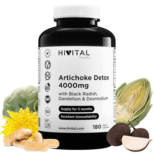 Alcachofa Detox 4000 mg. 180 cápsulas veganas para 3 meses de tratamiento. Con Alcachofa, Rábano Negro, Diente de León y Desmodium. Fabricado en España por HIVITAL