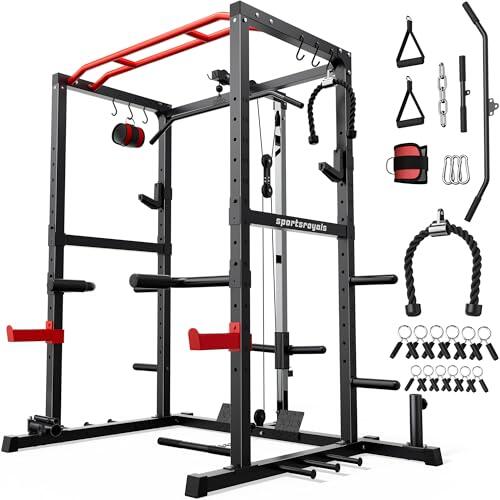 Sportsroyals Power Rack, jaula de potencia multifuncional con sistema de polea desplegable LAT, estante para sentadillas con más accesorios de entrenamiento para gimnasio en casa (rojo), capacidad de