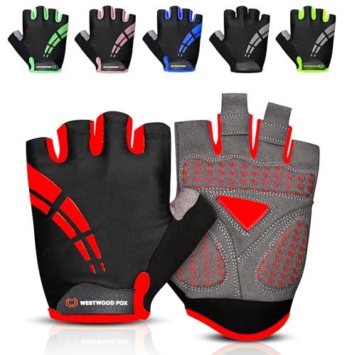 Westwood Fox Guantes de Ciclismo para Hombre y Mujer, Guantes de Ciclismo de Medio Dedo Acolchados de Gel Antideslizantes, Transpirables, absorción de Impactos, Palma Antideslizante (Rojo, L)