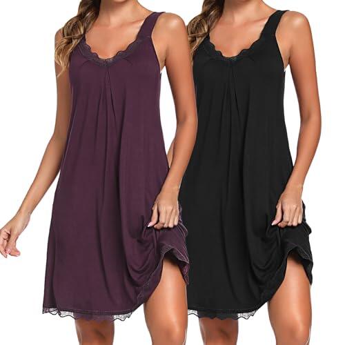 Uniexcosm Camisón de Mujer Algodon Camisones Mujer Sexy sin Manga Camisón con Tirantes Antideslizantes Cuello en V Ropa de Dormir Vestido Ligero y Suave para Hogar Negro+Fucsia Oscuro XXL