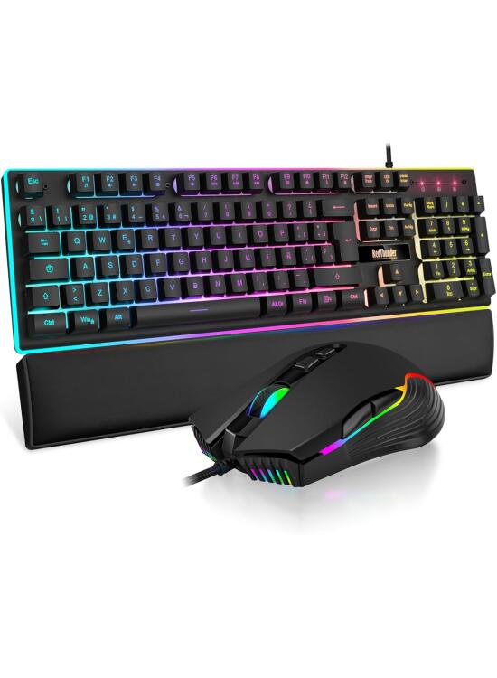 RedThunder K10 Juego 3 en 1 de Teclado, Ratón y Reposamuñecas de Cuero, Retroiluminación RGB + Tacto Mecánico, Teclas Anti-Ghosting + Ratón 7D 7200DPI, Layout Español, Compatible con PC/PS5/Xbox Negro