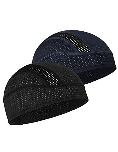 MELASA Cooling Gorro de ciclismo bajo casco, Mech transpirable casco Liner Skull Cap, casco de bicicleta, gorro de correr, gorro funcional para hombres y mujeres, cabe bajo cascos, Negro y azul oscuro