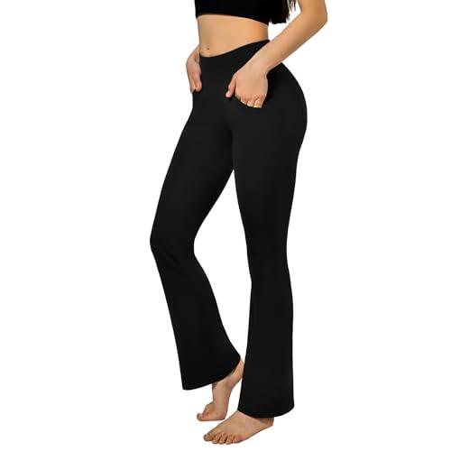 SINOPHANT Pantalones de Yoga Acampanados con 4 Bolsillos Cintura Alta Mujer，Opaco Control de Barriga Yoga Phants para Pilates Ejercicio Fitness Trabajo Casuales Negro M