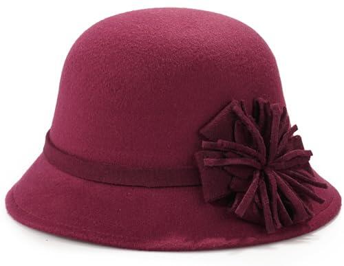 MESU Sombrero de campana de fieltro para mujer, estilo floral, fedora, sombrero de cubo vintage de los años 20, rojo vino, Talla única