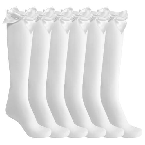 Aomig 4 pares de calcetines altos hasta la rodilla para niñas, calcetines altos hasta la rodilla con lazo, calcetines de uniforme de regreso a la escuela, ropa de fiesta, calcetines largos para la