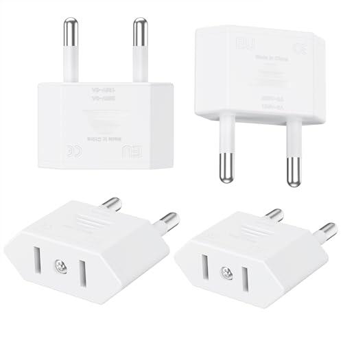 Clomnpe 4 Piezas Adaptador Enchufe Americano a Europeo, Adaptador Enchufe USA a España, Compacto, Fácil de Transportar y Usar, Adecuado para Viajes de EE.UU./Canadá/Japón/Asia a España/Europa-Blanco