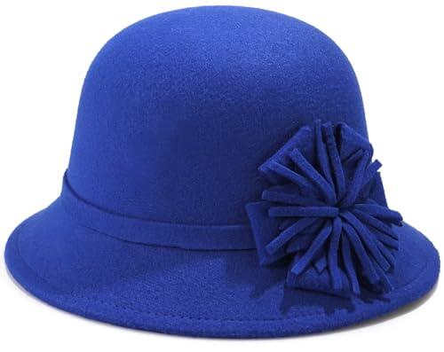 MESU Sombrero de campana de fieltro para mujer, estilo Fedora floral, sombrero de cubo vintage de los años 20, sombrero de ala ancha, azul, Talla única