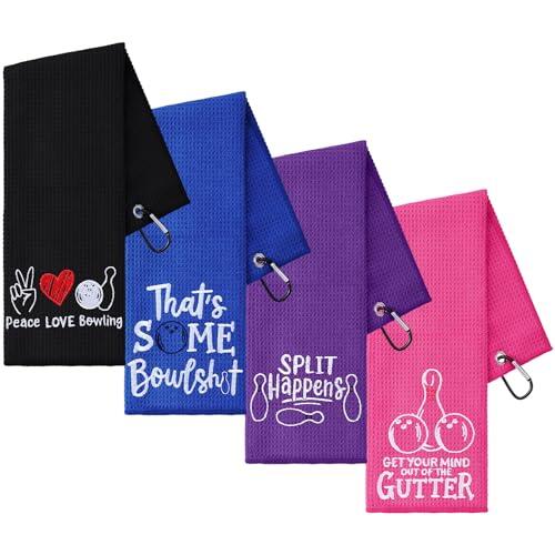 VitalCozy 4 toallas de bolos divertidas bordadas con 4 ojales, toallitas de trapo de bola deportiva, accesorios de equipo de protección para hombres y mujeres, jugadores deportivos, amantes del