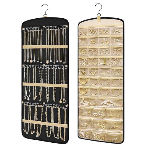 Kisvic Organizador de joyas colgante, almacenamiento de joyas de doble cara con gancho de metal, almacenamiento de cadenas para colgar pendientes, collares, anillos en armario, pared, puerta