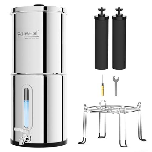 Purewell - Filtro de agua por gravedad (8,5 L), sistema de filtración familiar con carbón activado, purificador de agua para grifo y agua de lluvia, tecnología ultrafiltrada, gran capacidad