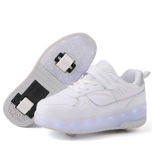 Zapatillas con Ruedas niña y niños Zapatillas con Luces Zapatillas Patines con USB Automática Calzado de Skateboarding Zapatillas Patines Regalos creativos de Vacaciones para niños,Blanco,34EU