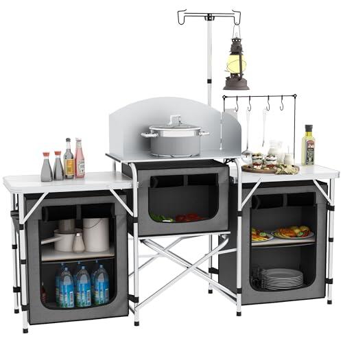 Outsunny Mueble Cocina Camping Armario Camping Plegable con Mesas Armarios Ganchos Estructura de Aluminio Poste de Luz Ajustable Paravientos y Bolsa de Transporte para Acampada 172x48x119 cm Gris