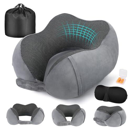 Cirorld Almohada de Viaje Cuello, Cojin de Viaje Cuello para Avión y Coche, Cojin Cervical Viaje Viscoelástica de Espuma Memoria, Ajustable y Compacta, con Máscara de Ojos, Tapones y Bolsa