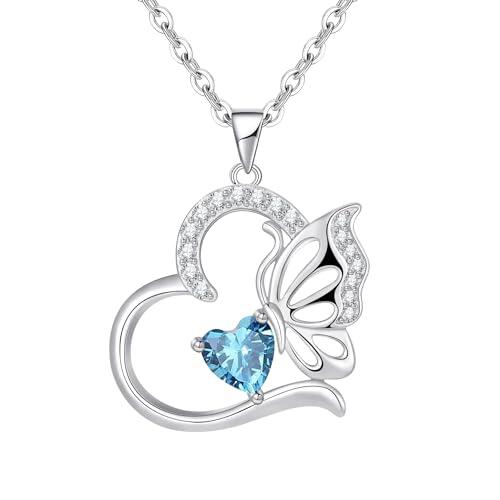 Regalo Día de la Madre Collar Mujer Plata de ley 925 Mariposas Marzo Birthstone Colgante Mujer Collar Corazon Regalos Originales para Mujers Regalo Mama