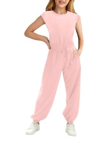 Haloumoning Monos para niñas de moda para niños, pantalones largos de verano, de manga corta, mono casual deportivo, Rosa., 12-14 años