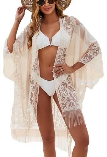 Kimono de Playa Blanco para Mujer, Estilo Elegante con Encaje y Flecos, Translúcido Vacaciones en la Playa y Más
