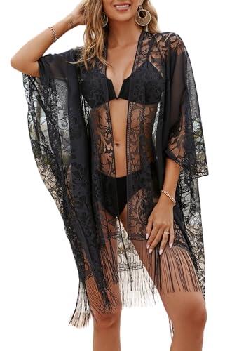 Bata de Playa Elegante de Encaje Negro - Kimono Sexy con Franjas para Mujer, Ideal para Vacaciones