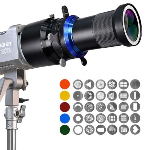 Bowens Mount Snoot Spotlight GOBO Proyector Compatible con Aputure Amaran 60D/XS/100X/D 200D/X, Godox SL60, Incluye 5 filtros y 30 gobos, 4 Hojas de fotografía