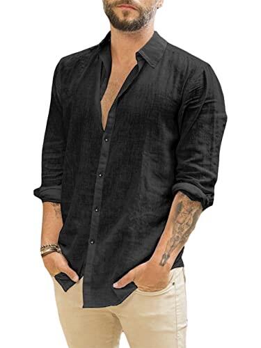 Runcati Camisa de Lino de Manga Larga para Hombre, Cuello Vuelto, Camisa de Negocios, Tiempo Libre, Verano, Negro, XL