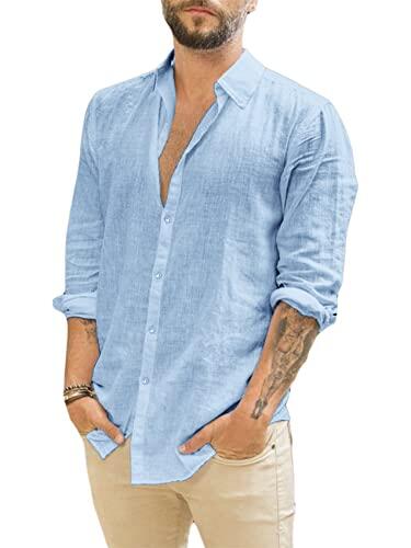 Runcati Camisa de Manga Larga para Hombre, de Lino, con Cuello invertido, para el Tiempo Libre, Turquesa, L
