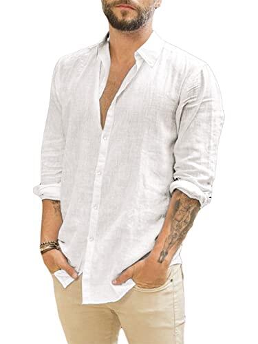 Runcati Camisa de Lino de Manga Larga para Hombre, Cuello Vuelto, Camisa de Negocios, Tiempo Libre, Verano, Blanco, M