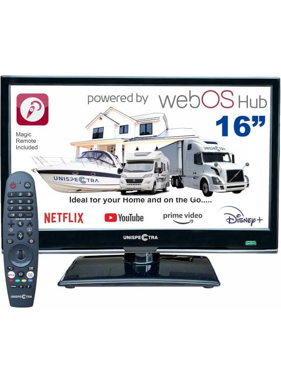 Unispectra ® 16” Smart TV (webOS) 12v Full HD 230v 24v TDT y sintonizador Sat, 3X HDMI, 2X USB, Magic Remote. Televisores de 12V para Autocaravanas, Campervan, Camión, Furgoneta, Barco