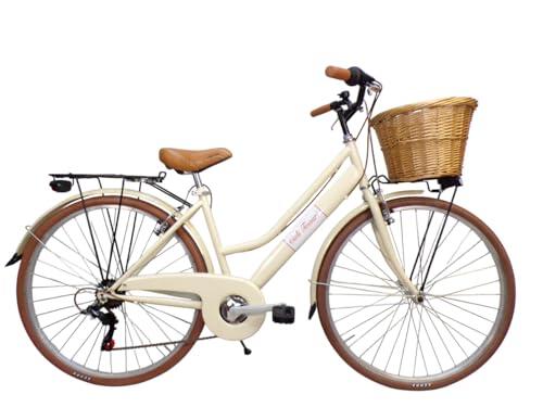 Cicli Tessari - Bicicleta para mujer, modelo city bike, para paseo urbano de 28'' con cambio retro vintage, cesta de mimbre (beige)