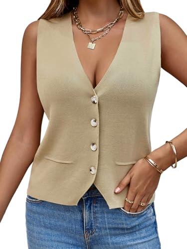 Saodimallsu Jersey sin Mangas para Mujer, Chaleco de Punto en V, Botón de Moda, Informal, Suelto, Cárdigan de Verano, Caqui, XL