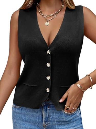 Saodimallsu Jersey Sin Mangas Para Mujer, Chaleco de Punto en V, Botón de Moda, Informal, Suelto, Cárdigan de Verano, Negro, L